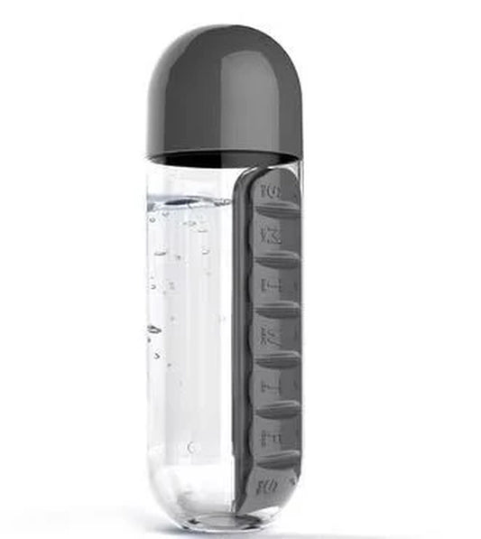 Portable Water Bottle with Built-In Pill Box for Medicines, Vitamins, Perfect for Outdoor, Gym, Fitness, Camping and Traveling